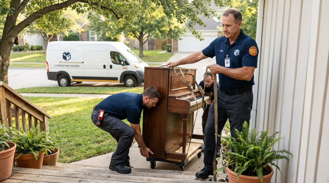 Licensed piano movers securing grand piano in Starkville, MS