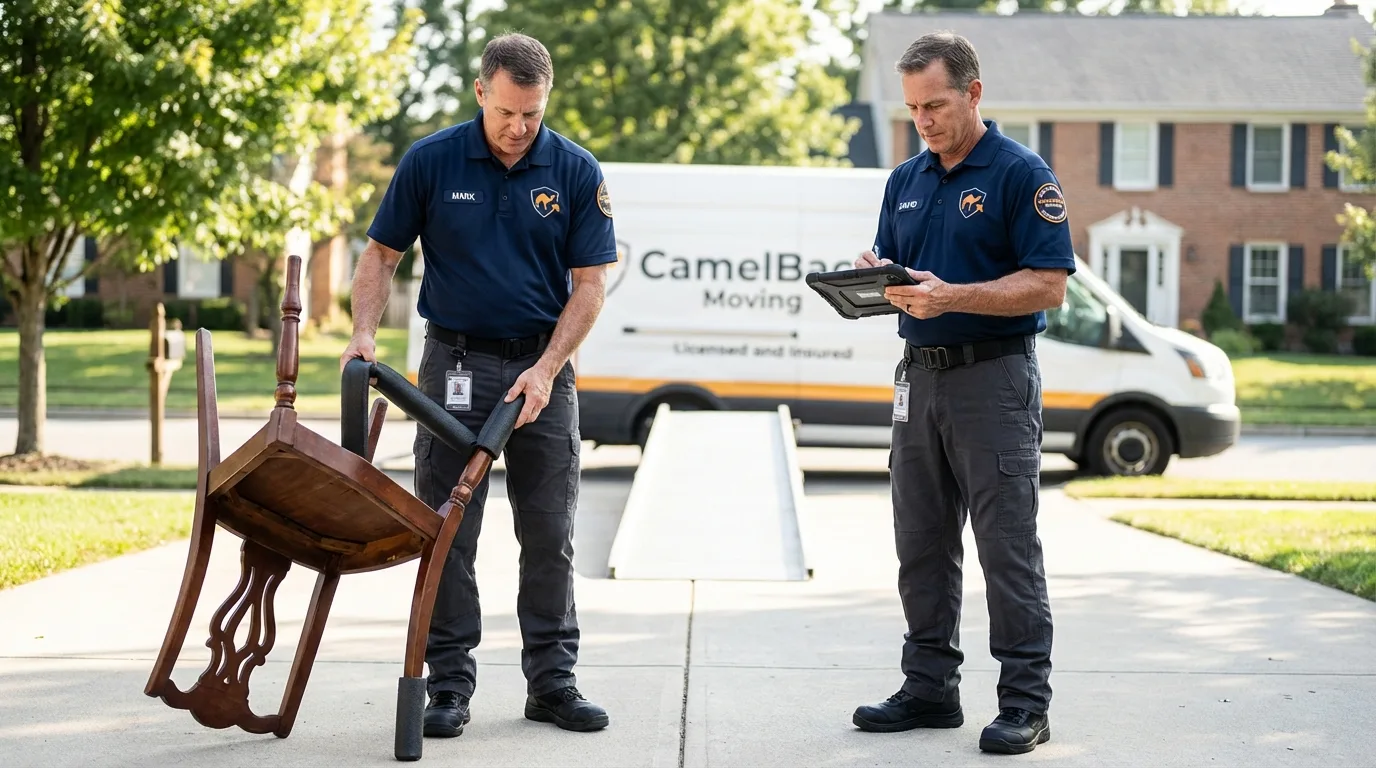 Movers inspecting furniture for damage prevention before loading in Starkville, MS