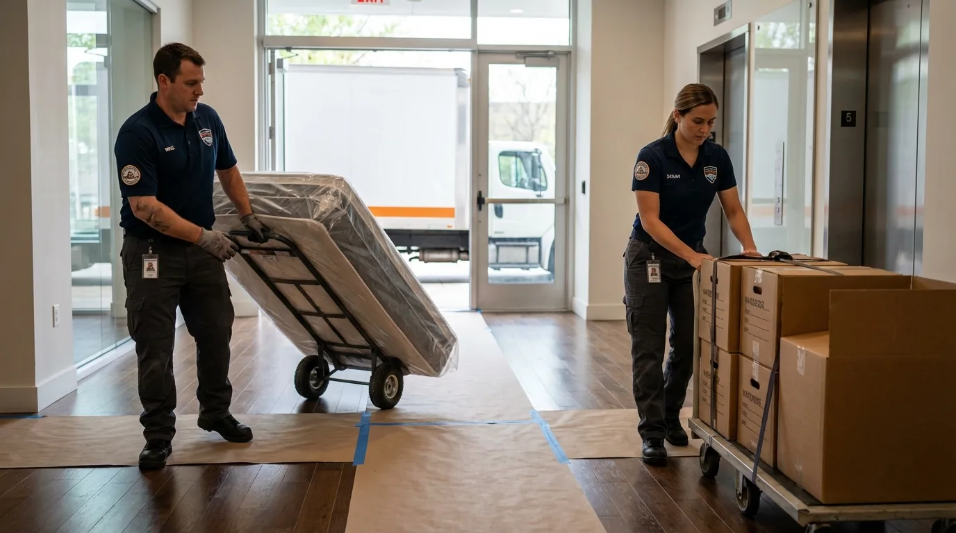 Professional apartment movers loading elevator in Starkville, MS
