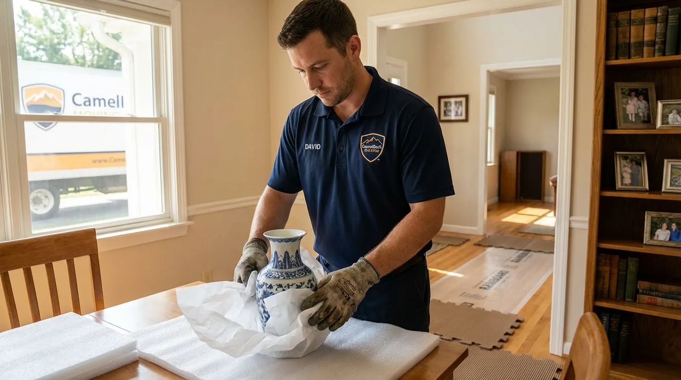 Professional crew carefully wrapping antique vase for senior downsizing move in Starkville, MS